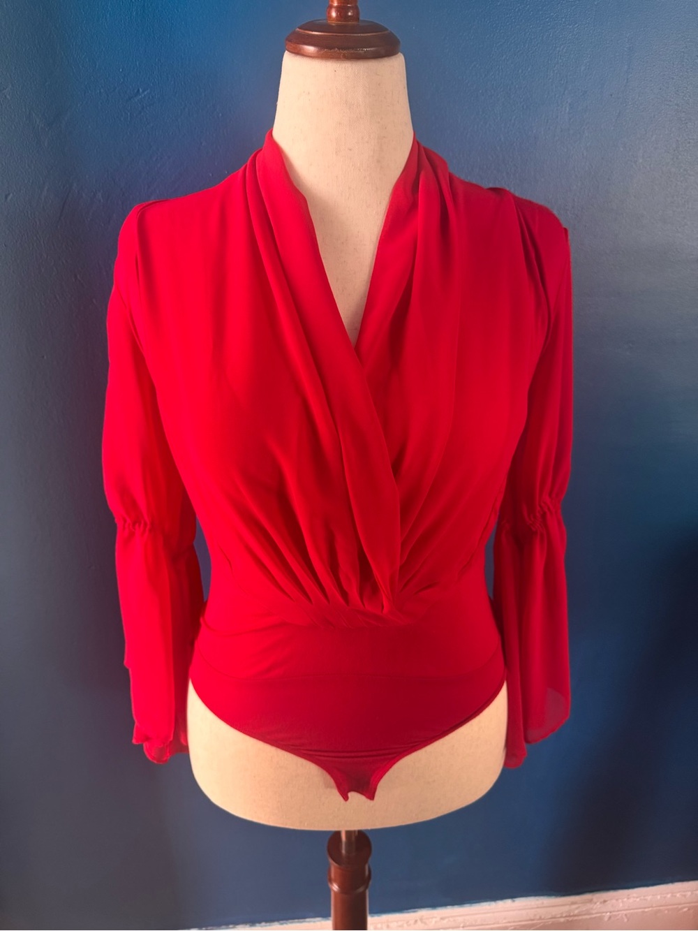 New York & Company Red Draped V-Neck Long Sleeve Bodysuit, size S